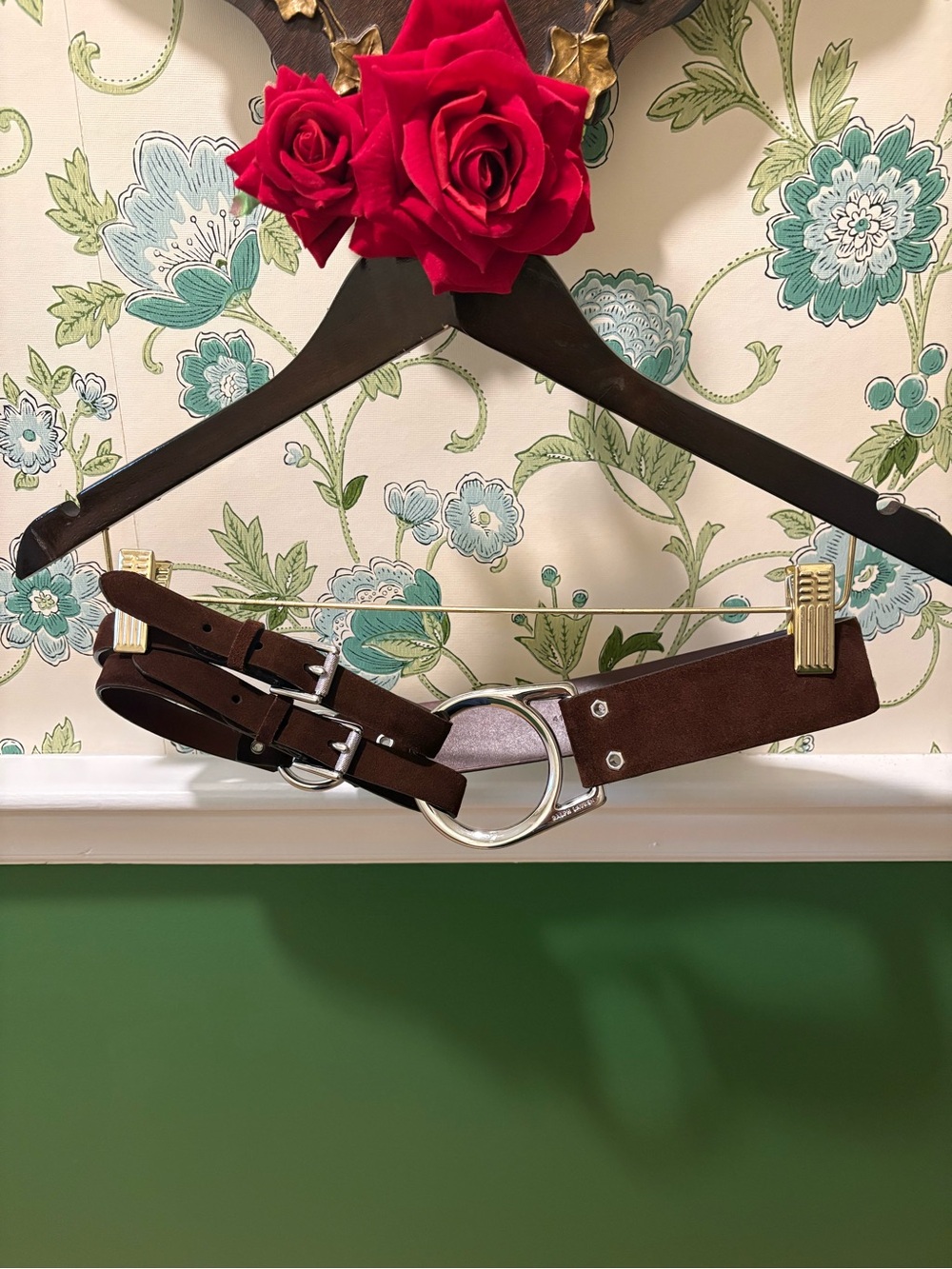 Ralph Lauren Brown Suede Leather Double Buckle O Ring Belt Quiet Luxury
